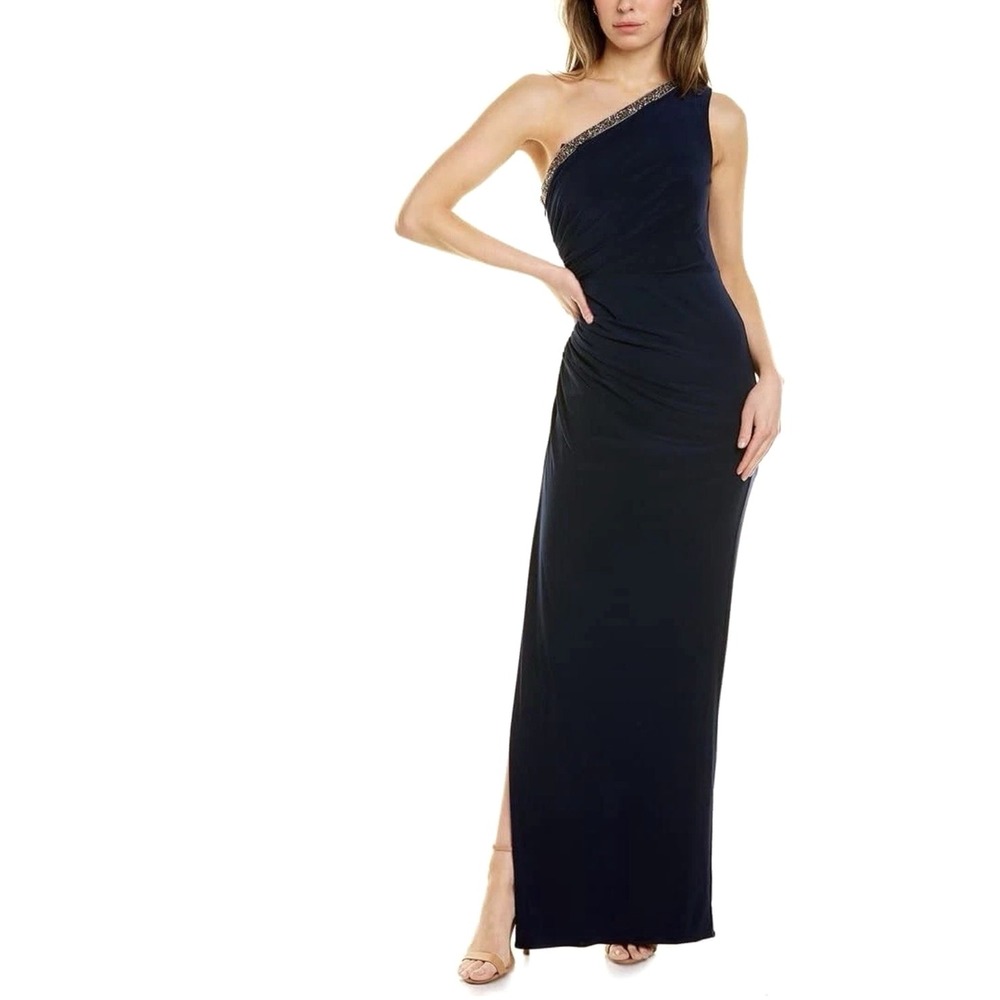NEW! Adrianna Papell EMBELLISHED One Shoulder Jersey Gown Dress Navy Blue SZ 2